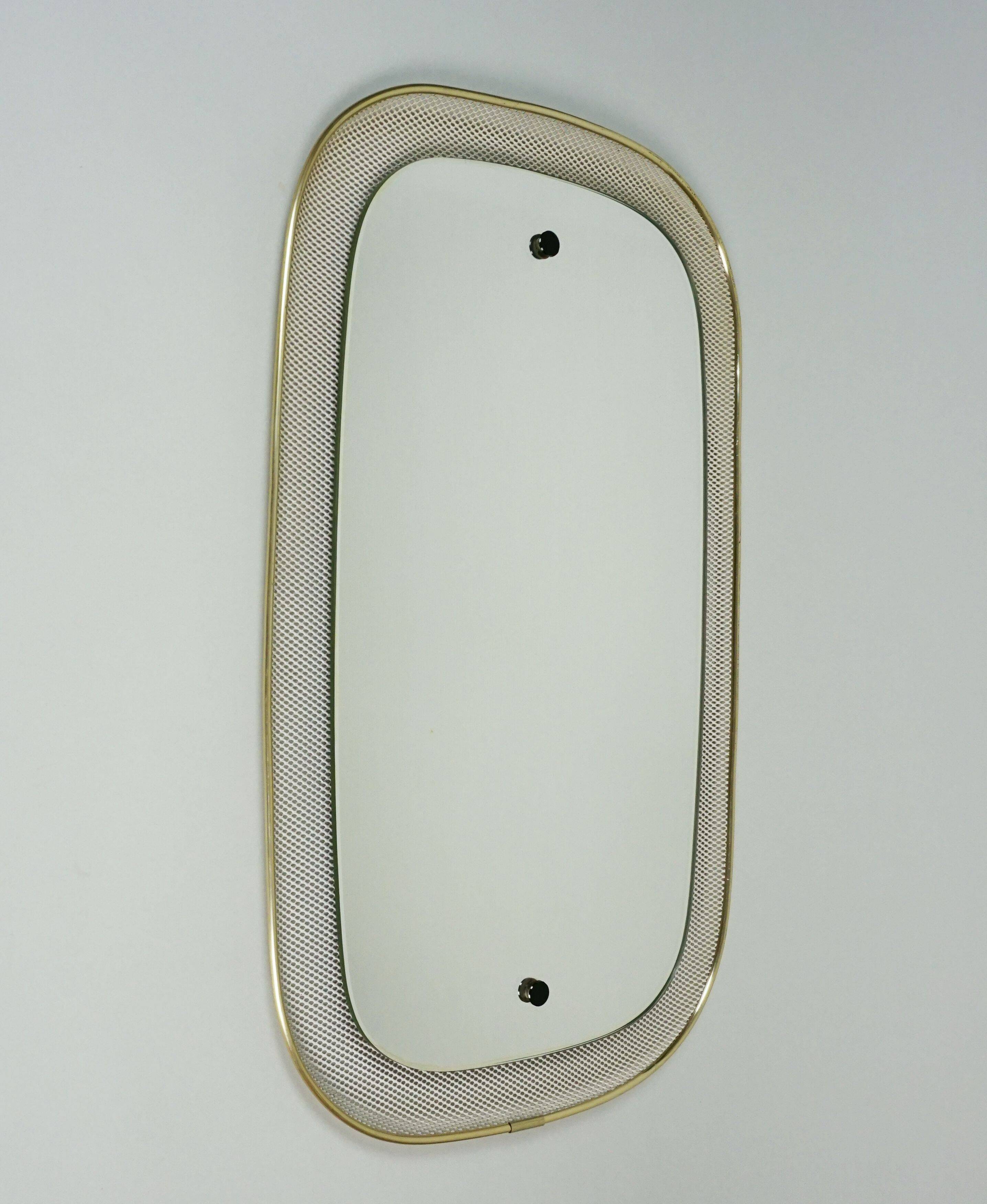 beautiful 1950's mid century modern WALL MIRROR wire mesh frame and brass