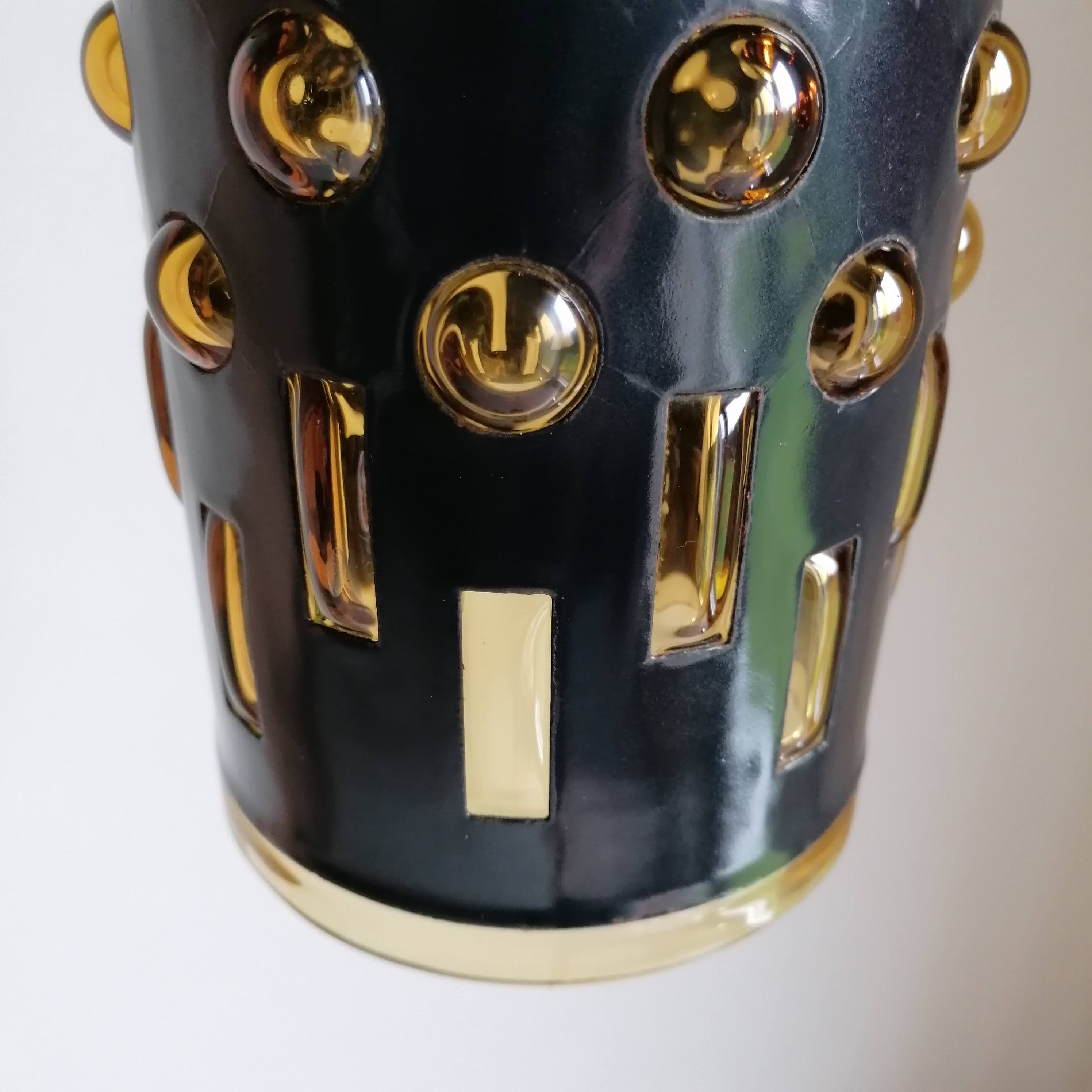 Amber blown glass and midnight blue metal hanging lamp 1960