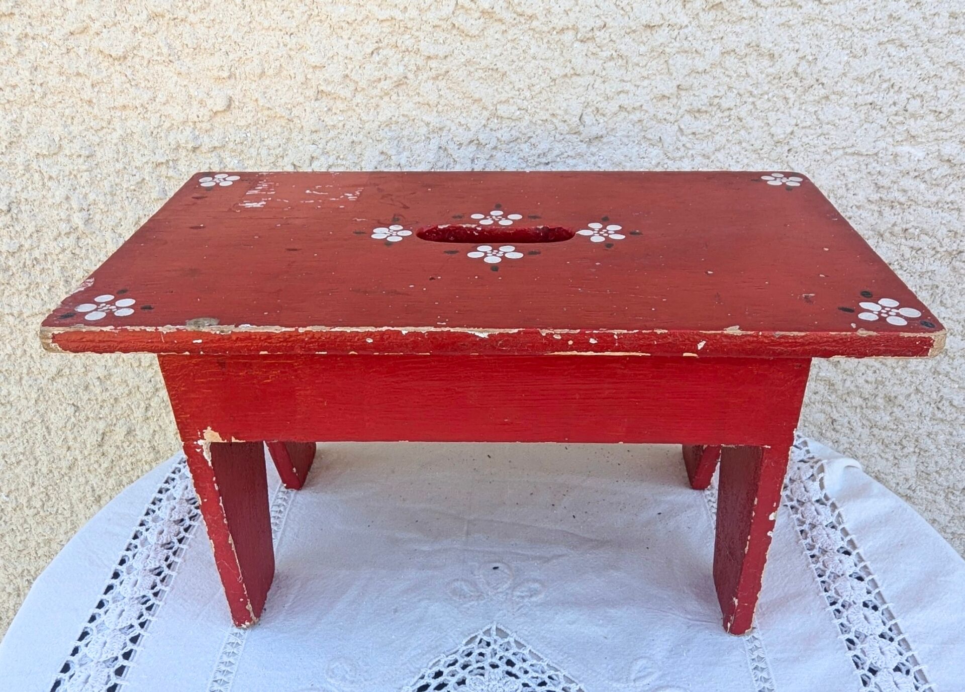 Small Stool Low Patinated Painted Footrest Vintage