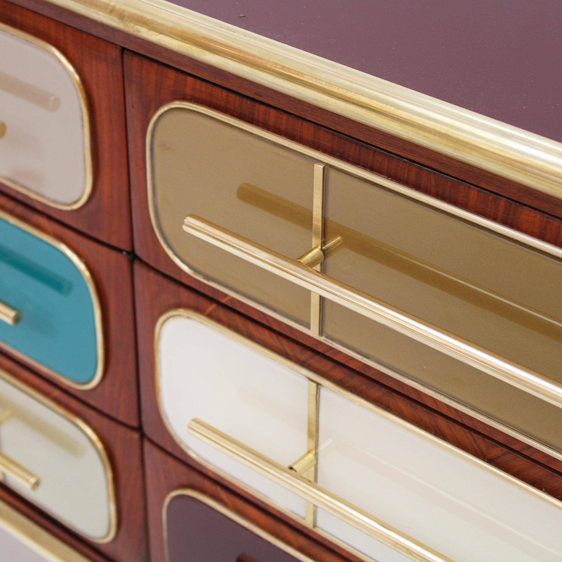 Mid Century Modern Italian Sideboard Wood and Colored Glass. 1950s