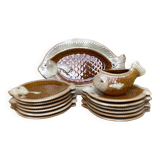 Fish plates, dish and sauce boat, Italian barbotine, 1970