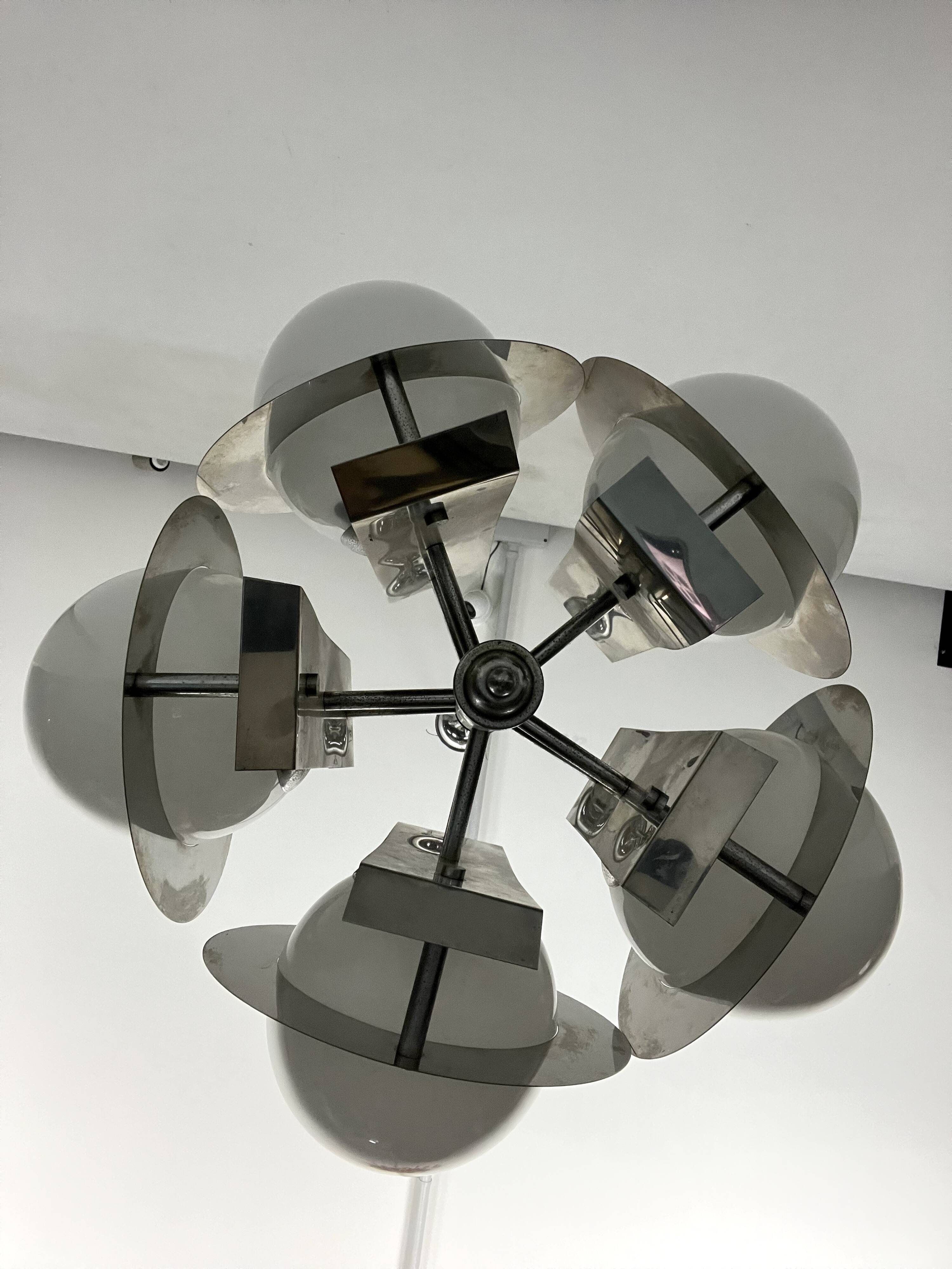 Space Age five lights chandelier in chrome and white glass. Italy 1970s