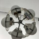 Space Age five lights chandelier in chrome and white glass. Italy 1970s