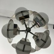 Space Age five lights chandelier in chrome and white glass. Italy 1970s