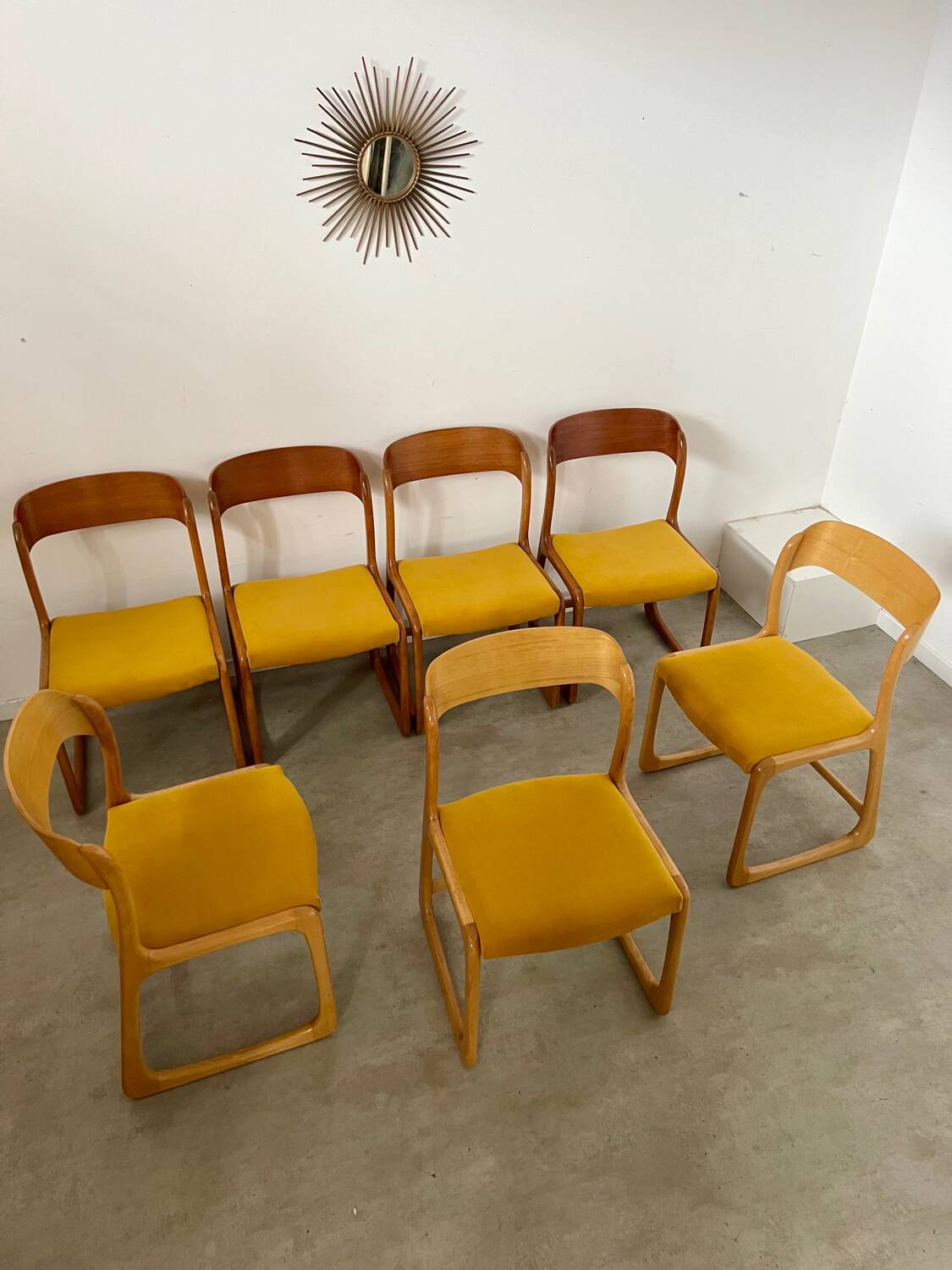 Set of 7 Baumann sled chairs in wood and mustard yellow fabric, 1960s