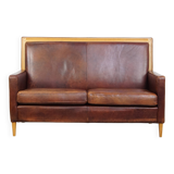 Sheepskin Leather Art Deco Design 2-Seater Sofa with Wooden Details