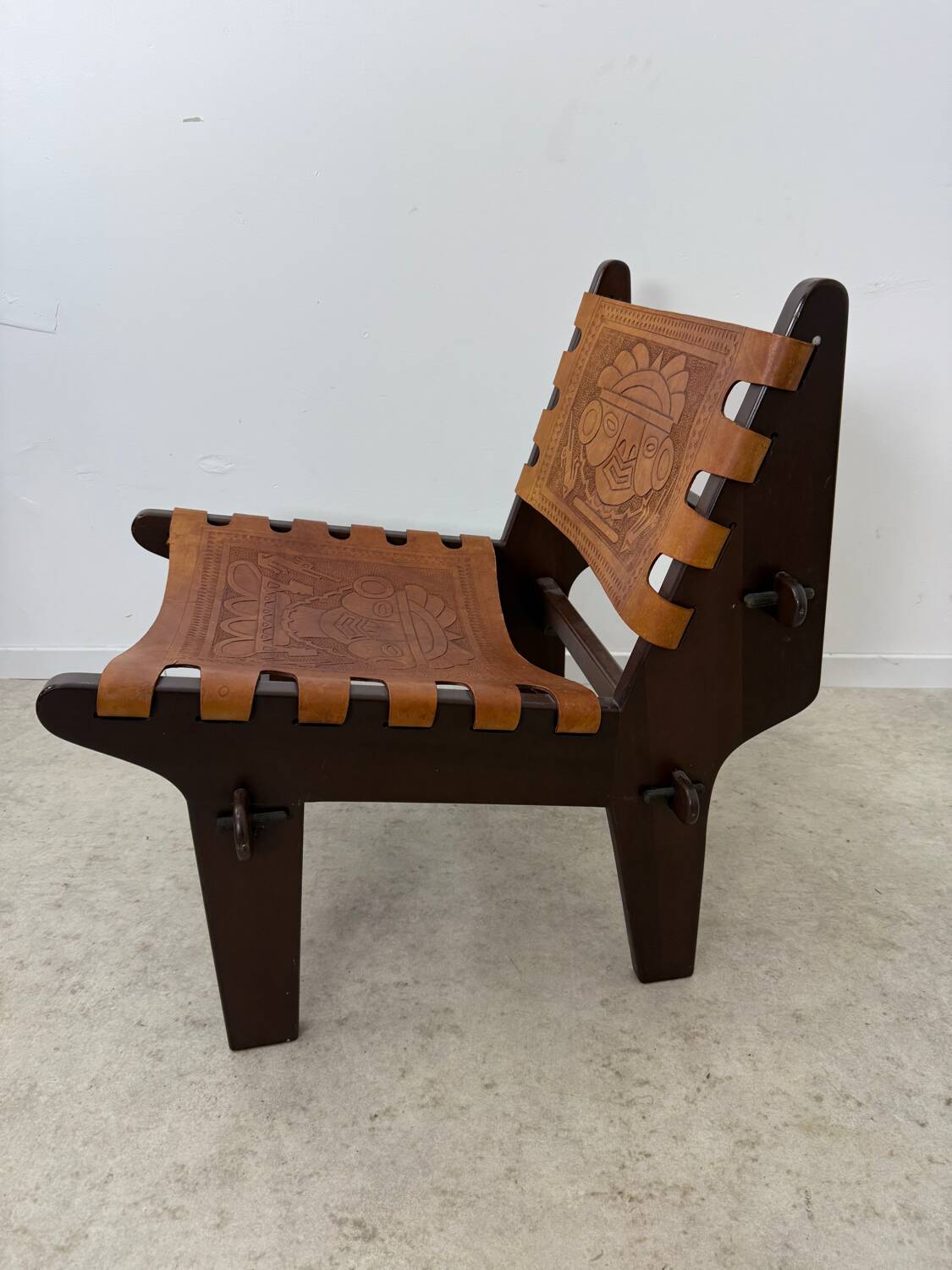 Vintage teak and leather armchair design Angel Pazmino brand Ecuador vintage 1960