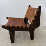 Vintage teak and leather armchair design Angel Pazmino brand Ecuador vintage 1960