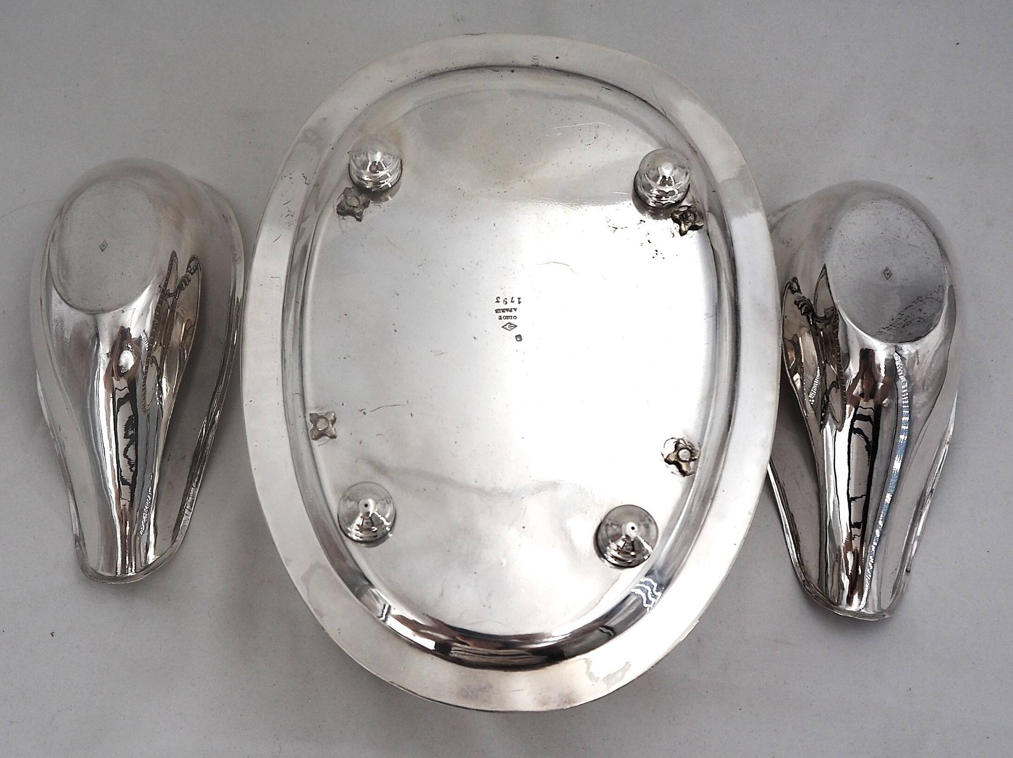 Idiot, double sauce boat + liners, Minerva silver, excellent condition, 19th century, 1.798 kg