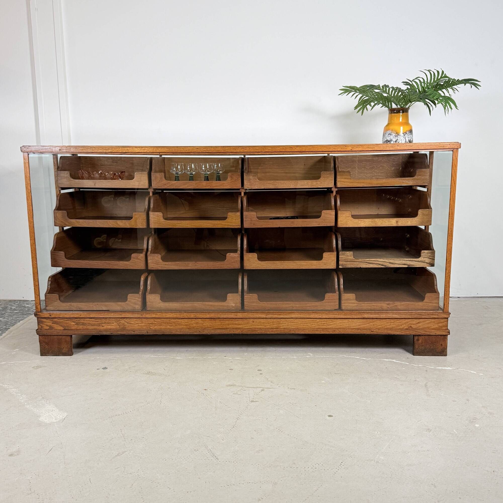 Solid Oak Haberdashery Glass Showcase with 16 Drawers – ca. 1940s