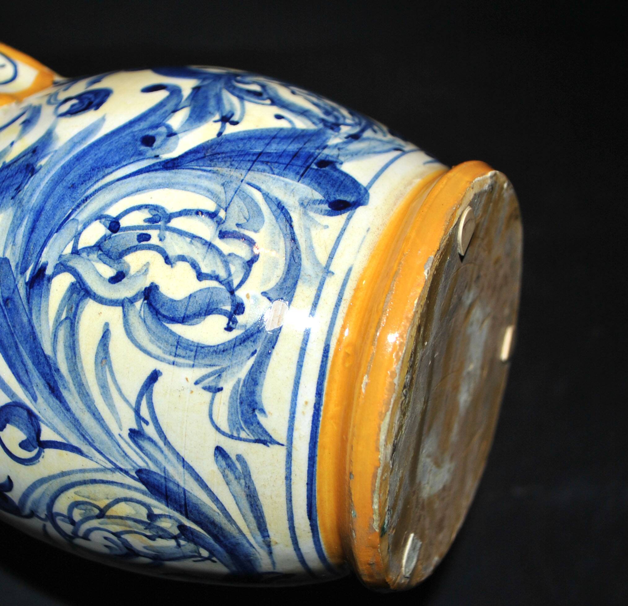 Large Italian ceramic pitcher barbotine majolica blue and yellow decoration
