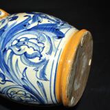 Large Italian ceramic pitcher barbotine majolica blue and yellow decoration