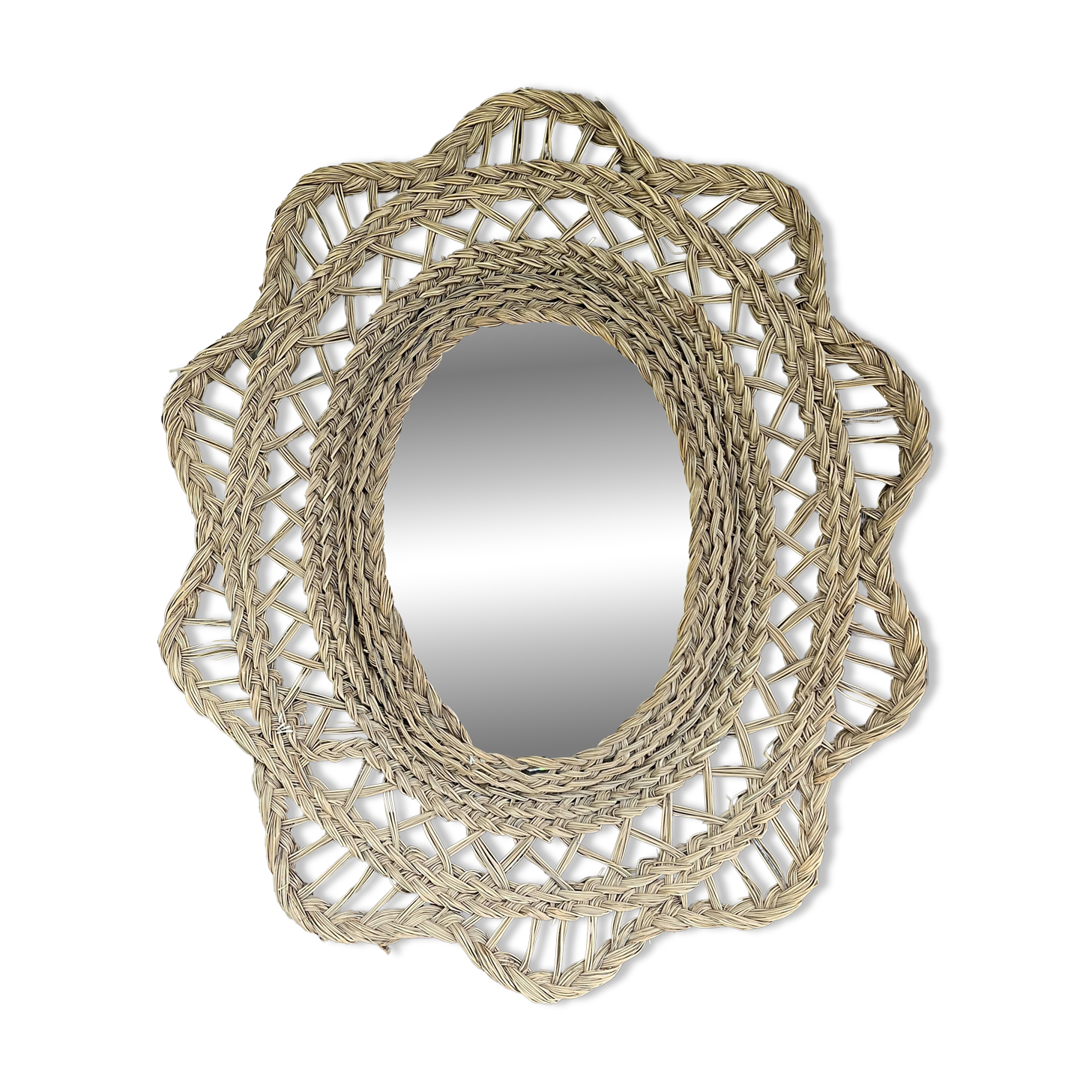 Large braided rattan mirror 1960