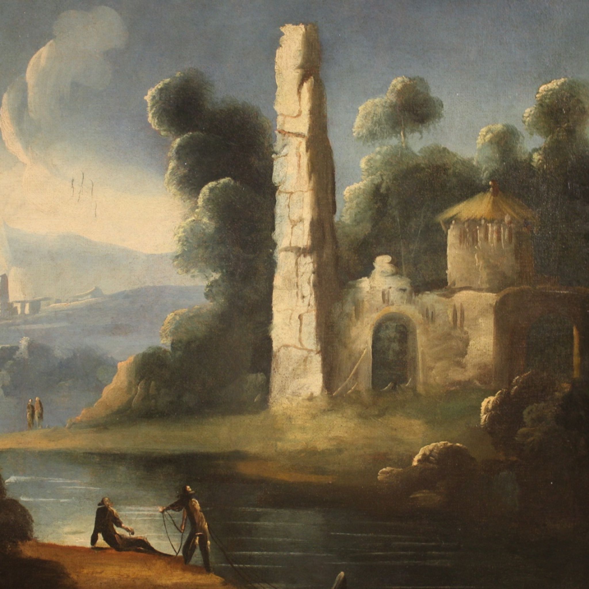 Antique painting river landscape with ruins and fishermen from the XVIIIth century