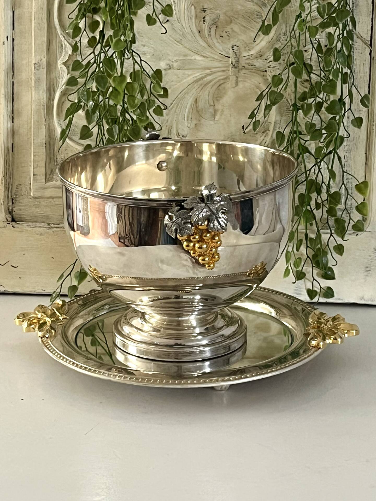 Silver Plated Grape Ice Bucket with Pedestal Tray, French ice bucket