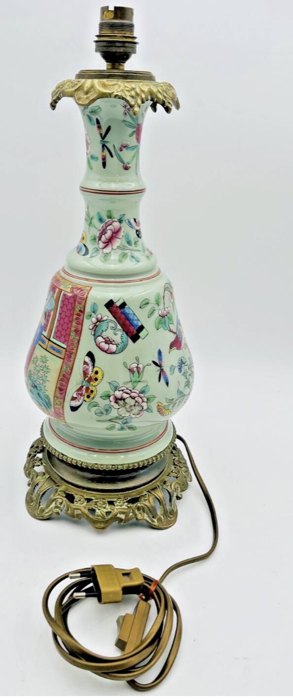 Chinese bronze and porcelain lamp decorated with insects and flowers
