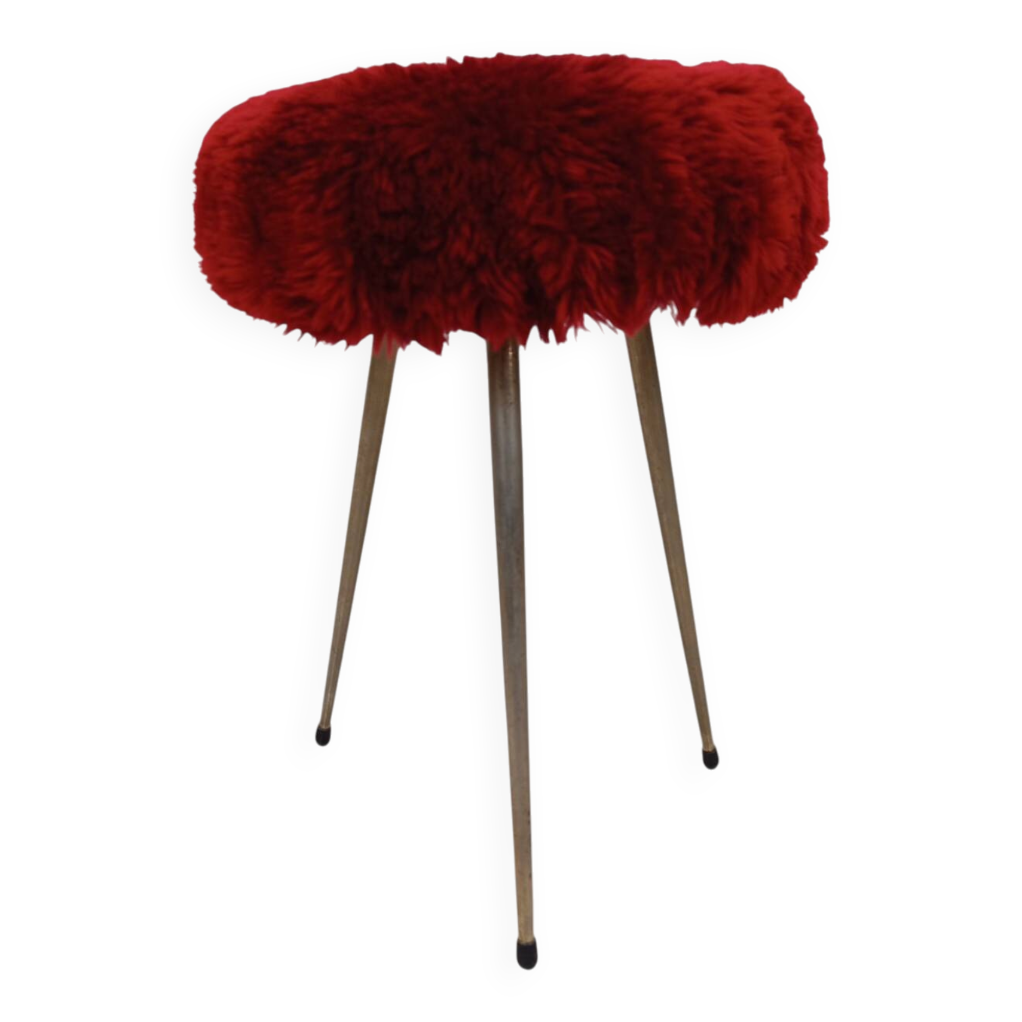 Tabouret tripode vintage "Moumoute" rouge – Pelfran – Années 60