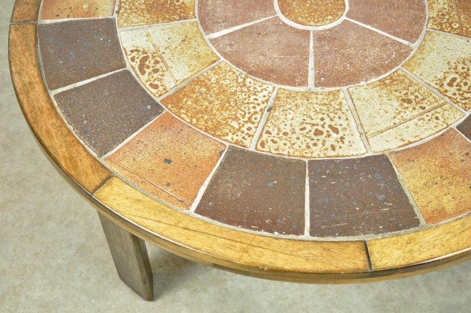 Vintage round coffee table with ceramic tiles by Danish artist TUE POULSEN,