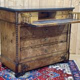 Commode secrétaire du XIXème en loupe d'orme, sapin et dessus marbre noir