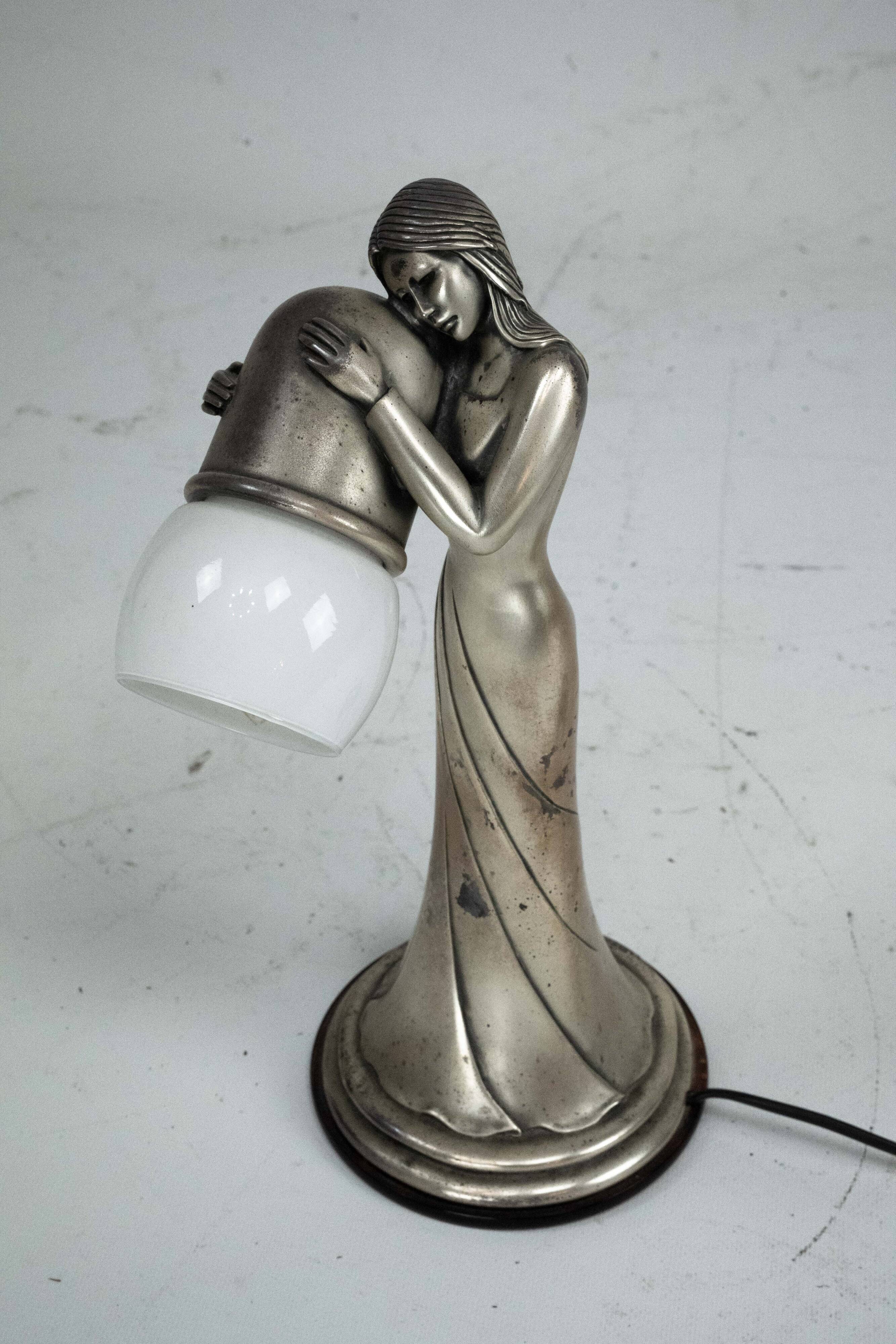 Silver Vermeil Figural Table Lamp with Opaline Glass. Italy 1960s