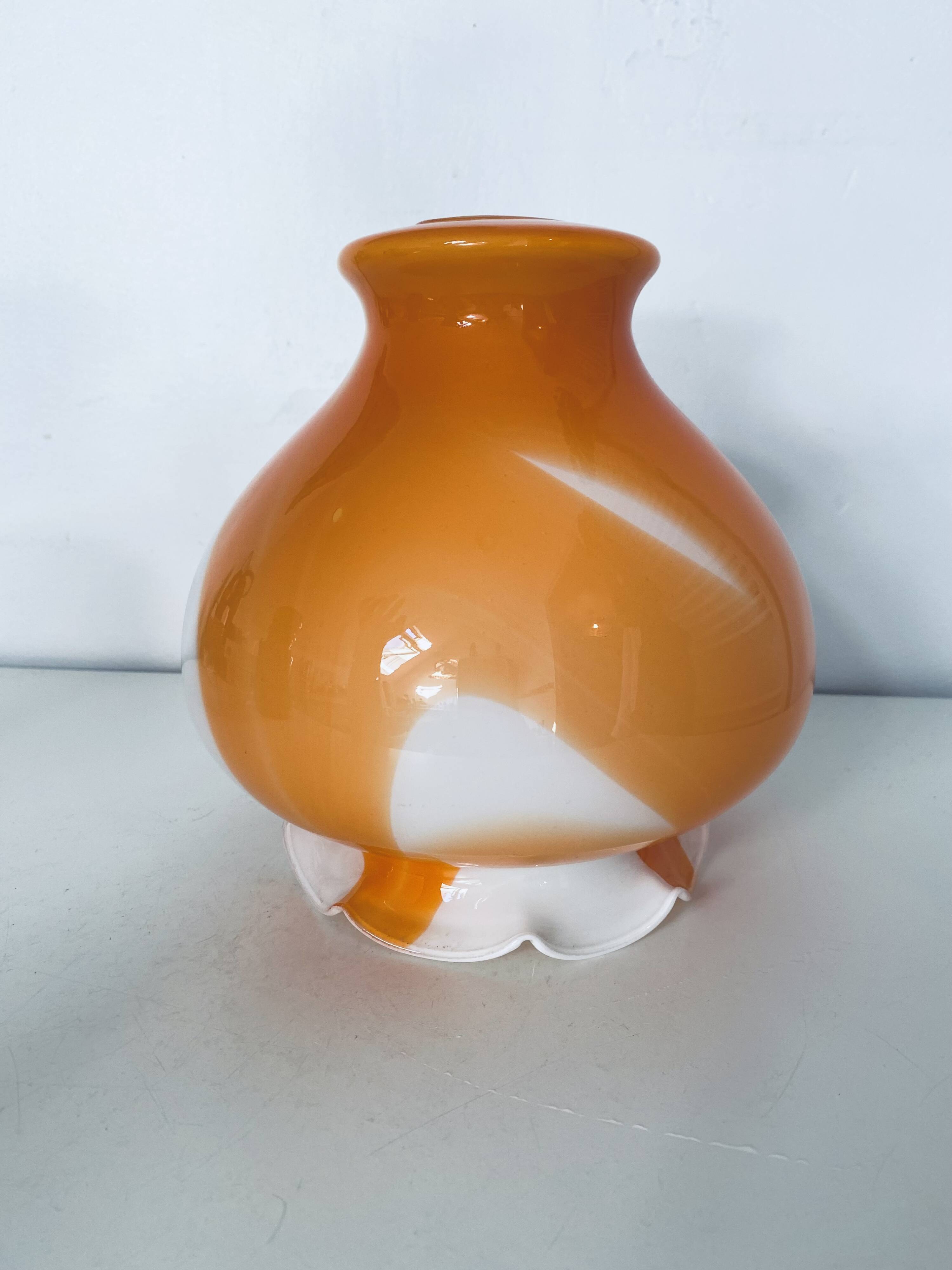 Globe lampshade in orange and white glass, vintage 1970s Space Age.