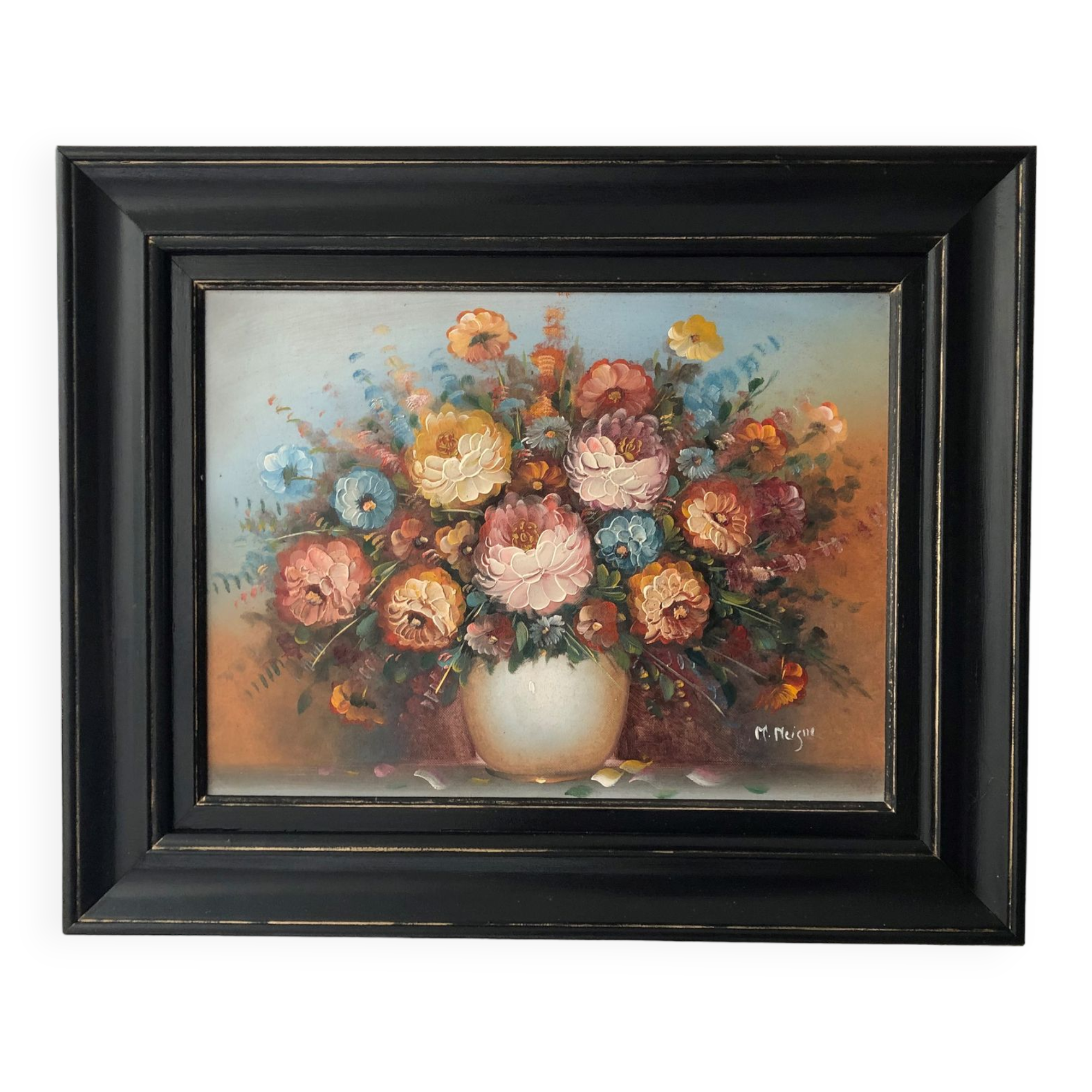 Tableau, peinture à l'huile, nature morte, bouquet de fleurs, signé "M.Meigne"