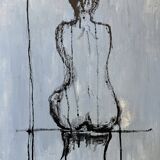 Tableau signé huile sur toile portrait féminin « étude de dos à l’encre de Chine »
