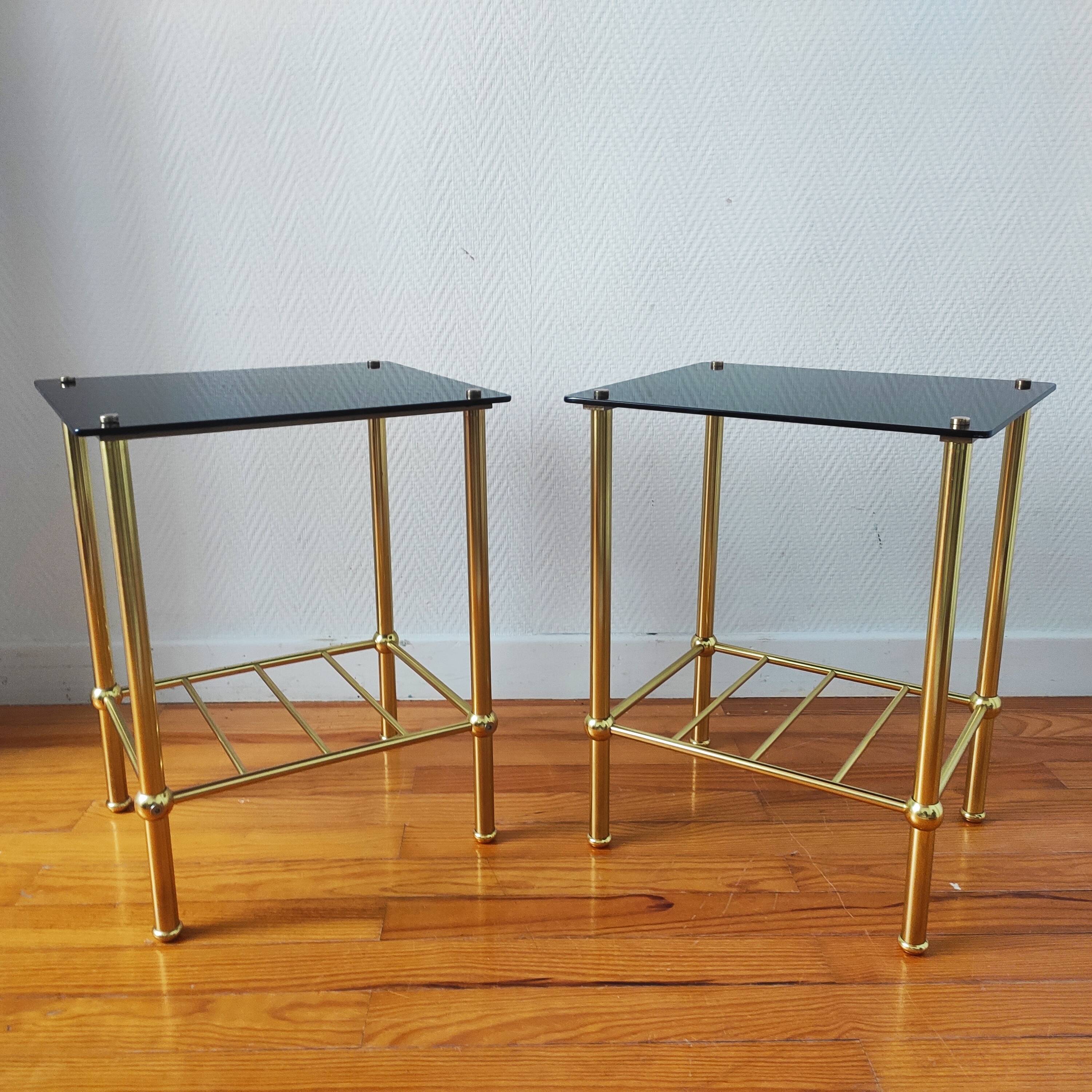 Pair of vintage 70s glass and brass sofa ends