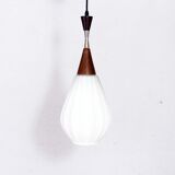 Scandinavian teak and opaline glass pendant lamp