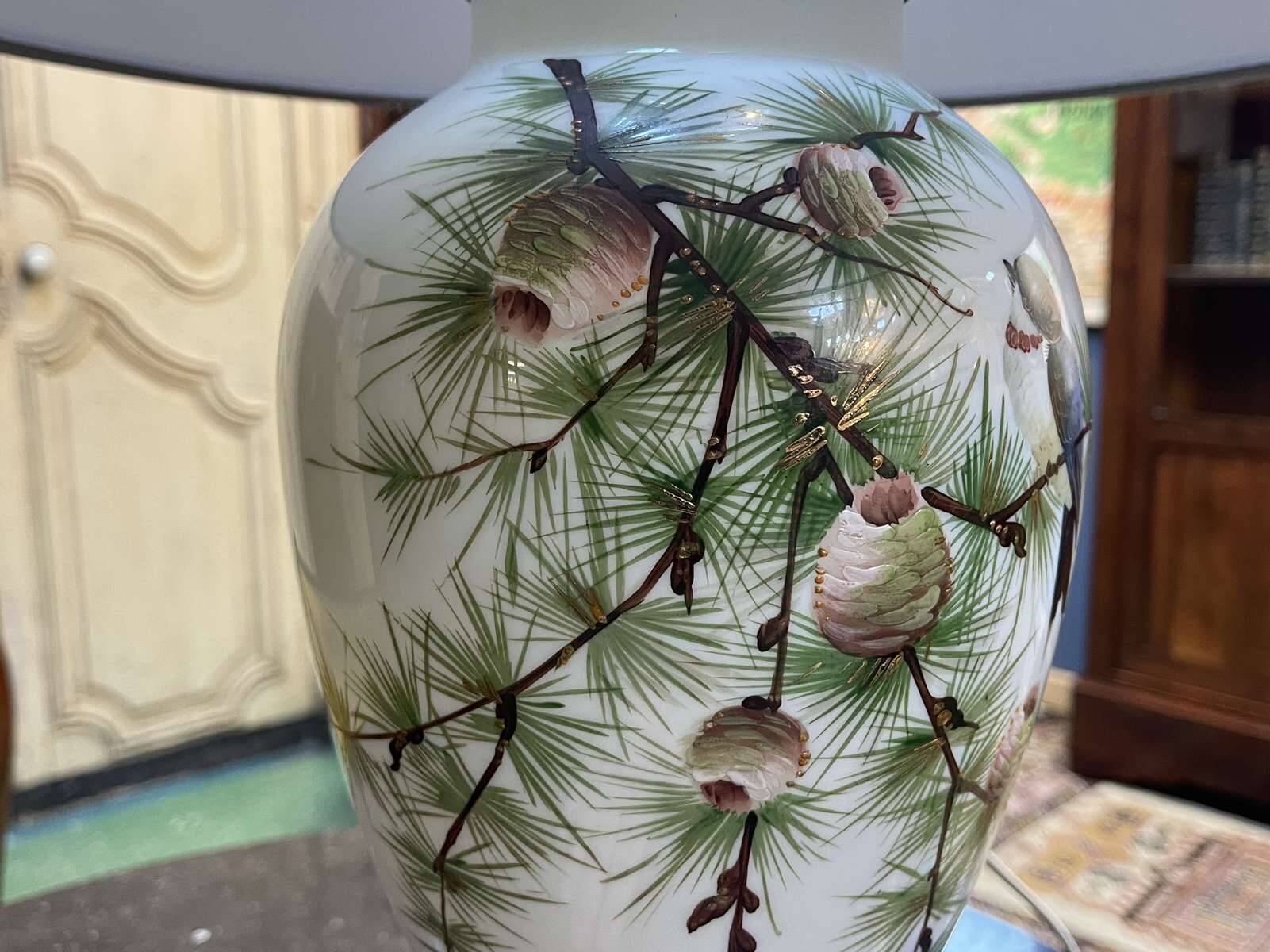 Napoleon III lamp in white opaline glass with bird decoration from the late 19th century