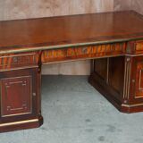 Restored antique Russian hardwood partner desk and leather armchair.