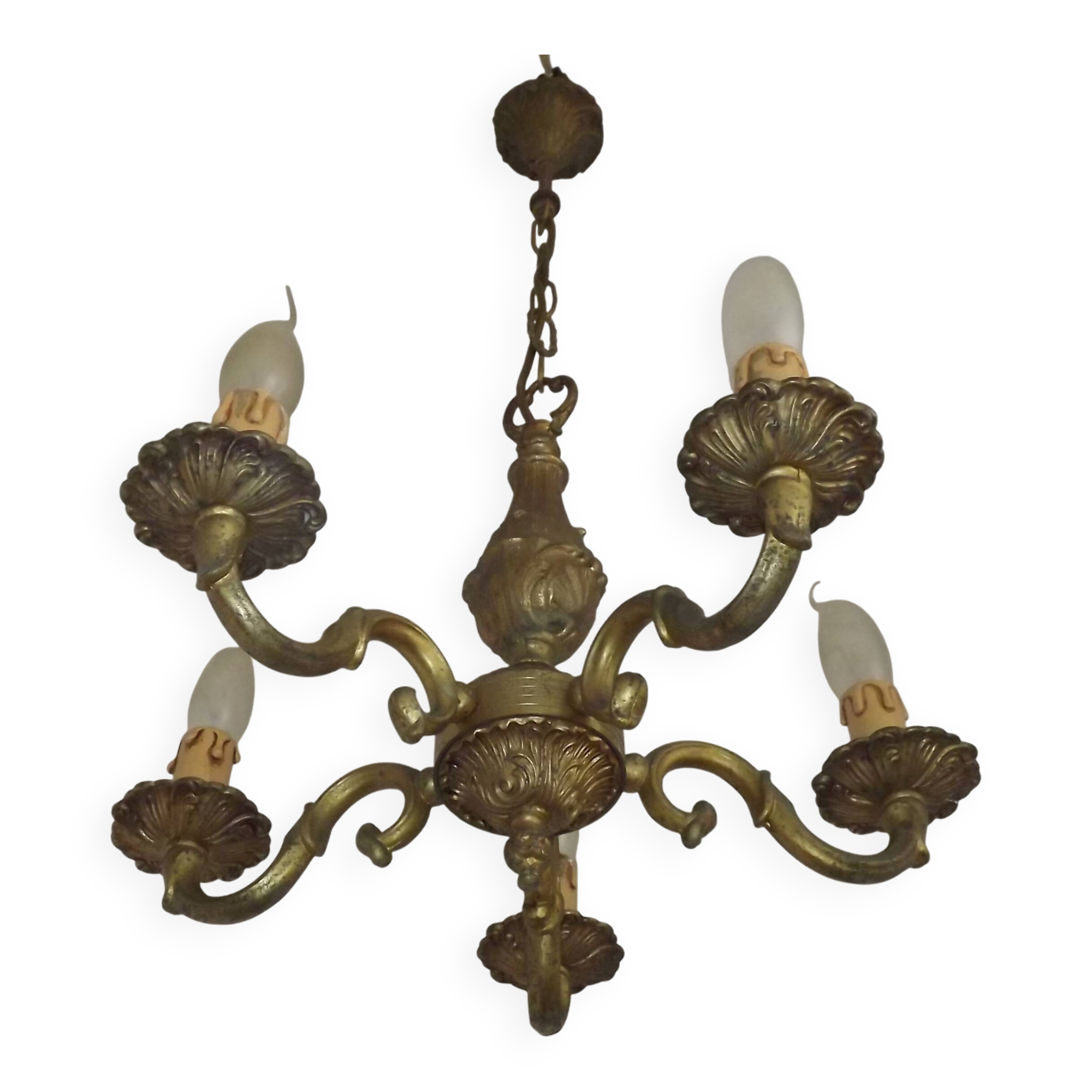 Lustre traditionnel français vintage en bronze à 5 lumières, datant du milieu du siècle dernier 5489
