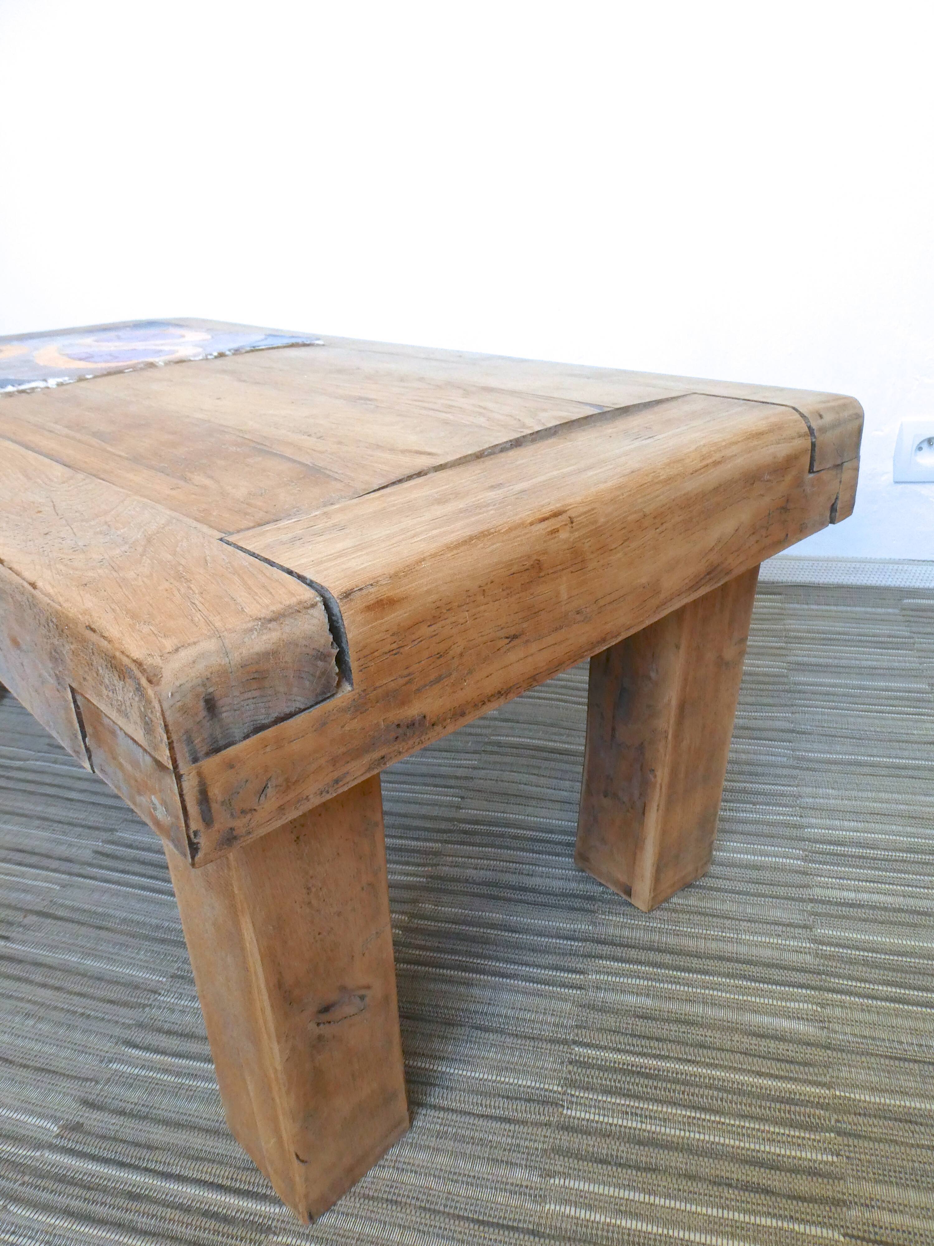 Solid wood and ceramic coffee table, 70s