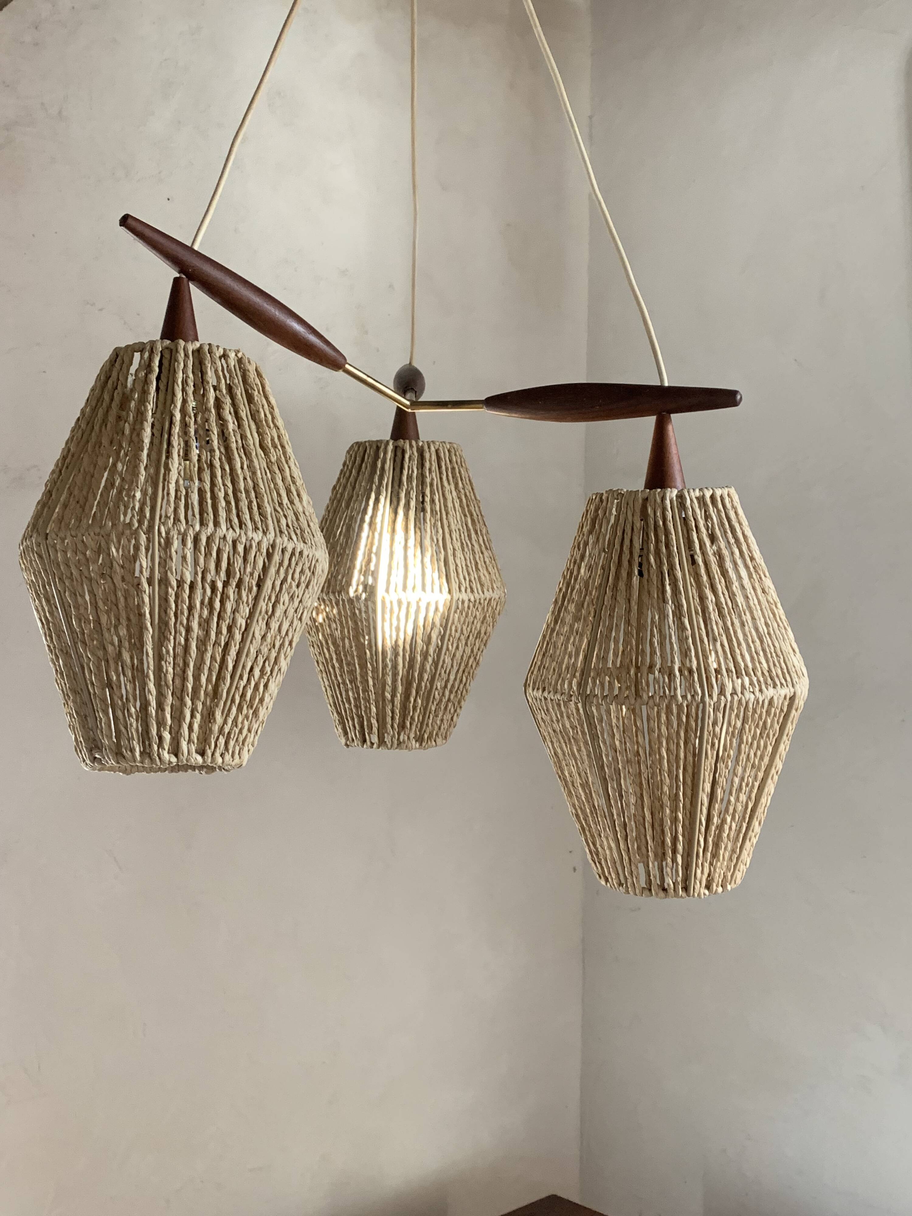 Scandinavian teak and rattan waterfall pendant light