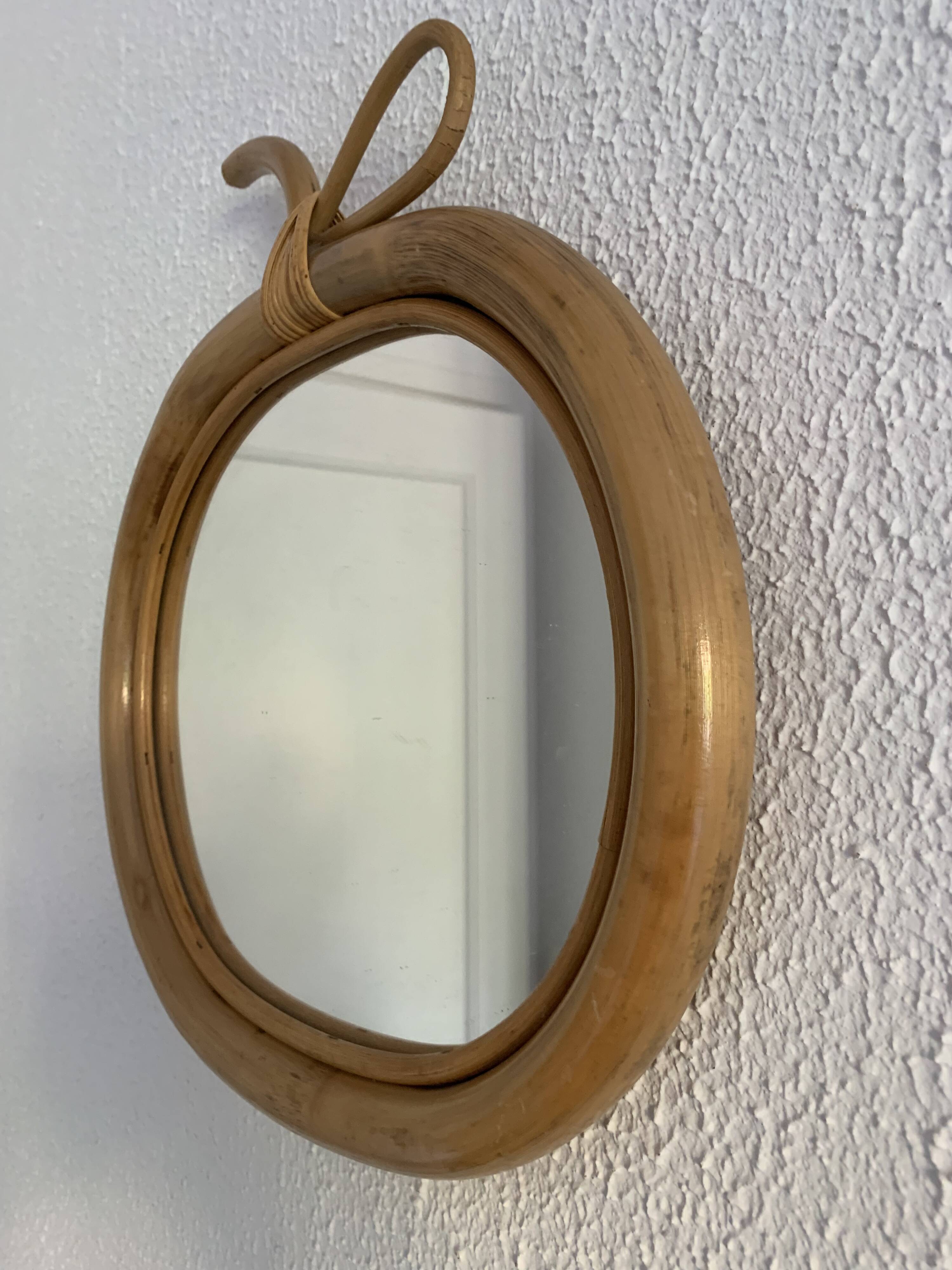 Vintage 1970s Apple Rattan Wicker Fruit Mirror - 35 x 32 cm
