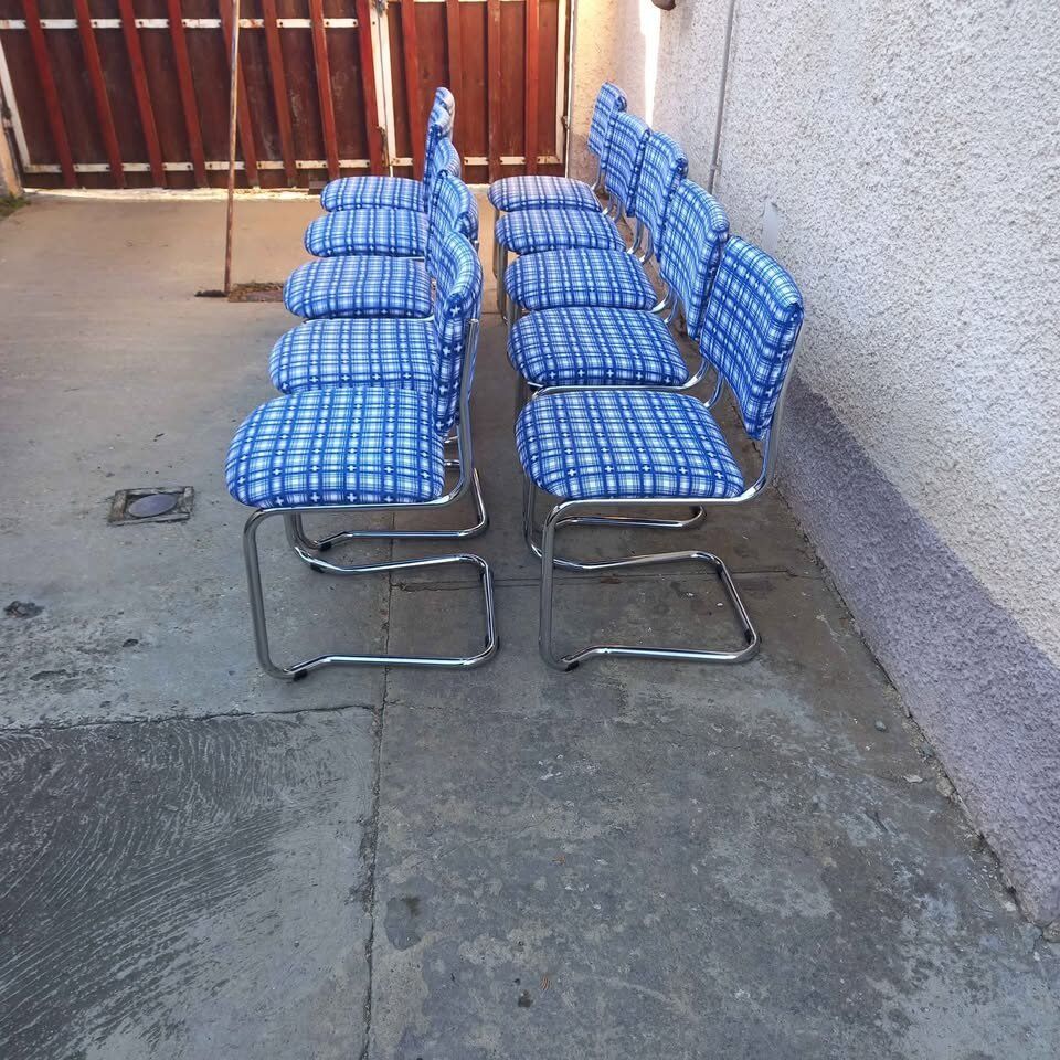 Vintage chrome cantilever chairs with blue checkered upholstery, 1970s, set of 10