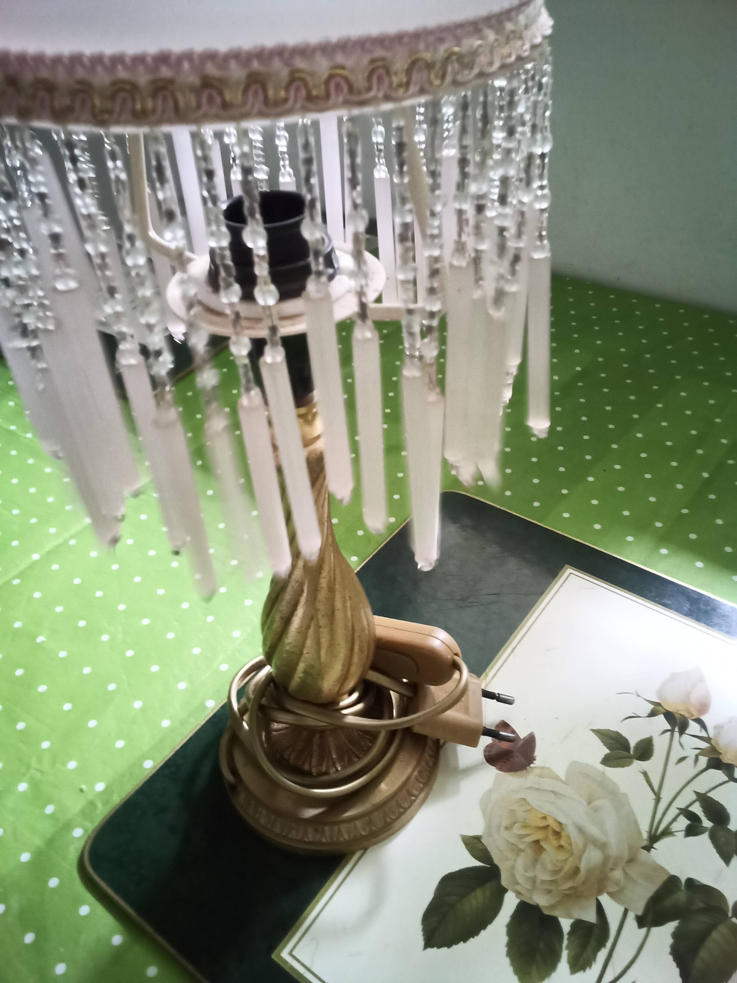 Bedside lamp with opaline and tassels and gold metal from the 1970s