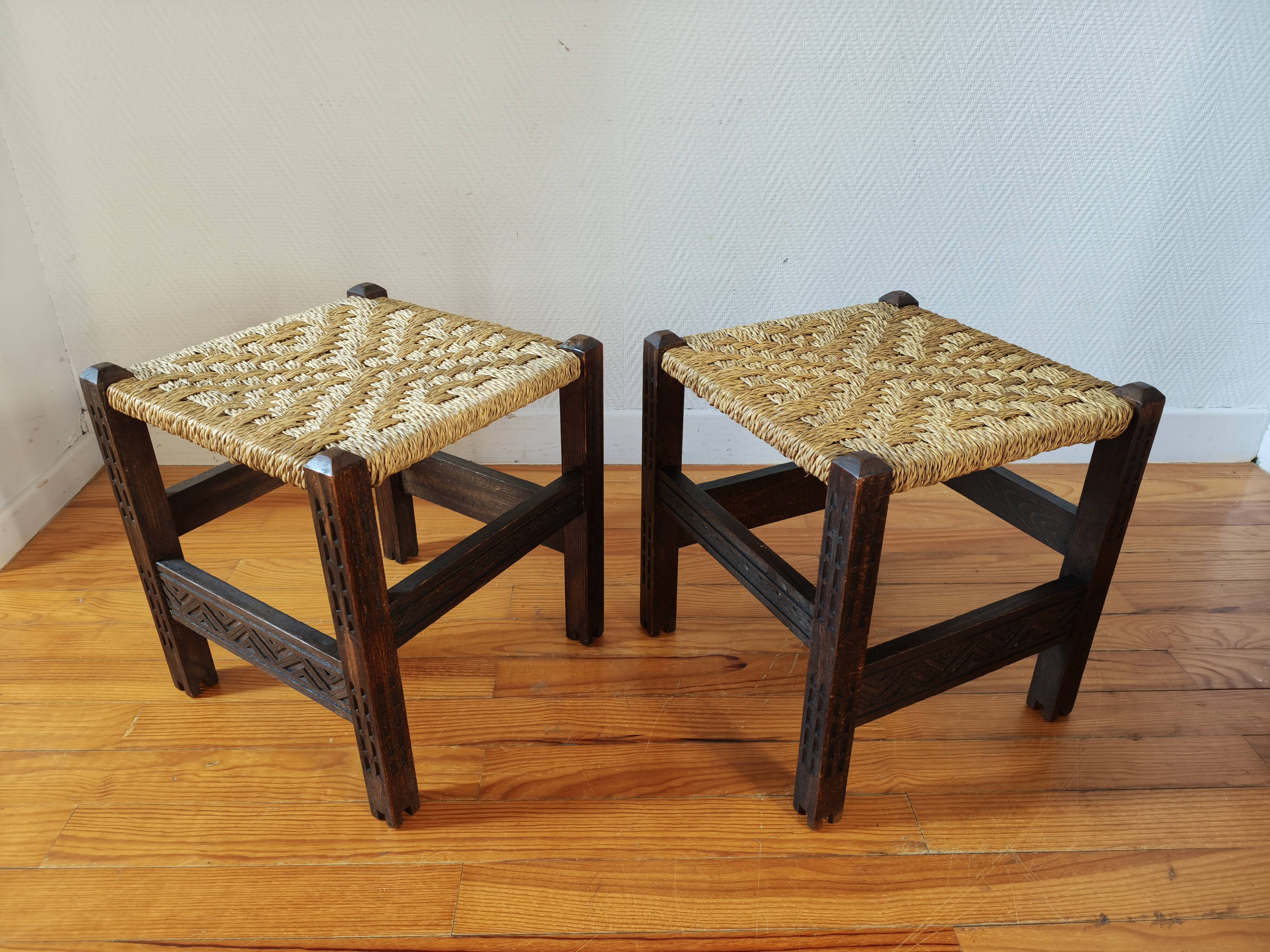 Pair of handcrafted stools from Friuli in carved wood, Italy, circa 1960.