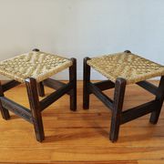 Pair of handcrafted stools from Friuli in carved wood, Italy, circa 1960.