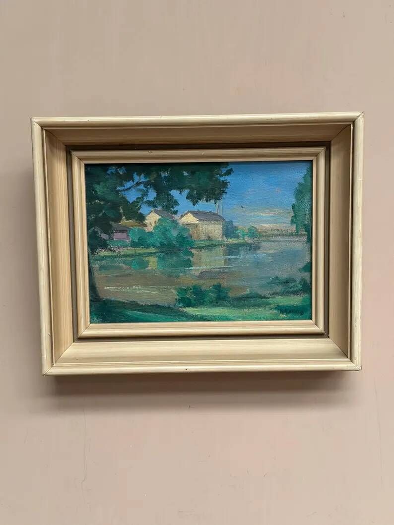 Original Oil on Canvas – “House near The Lake” by Fern I. Coppedge – Signed – Vintage & Framed – 30 × 24 cm (11.8" × 9.4")