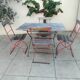 Table and 4 Bistro Guinguette chairs, antique circa 1900.