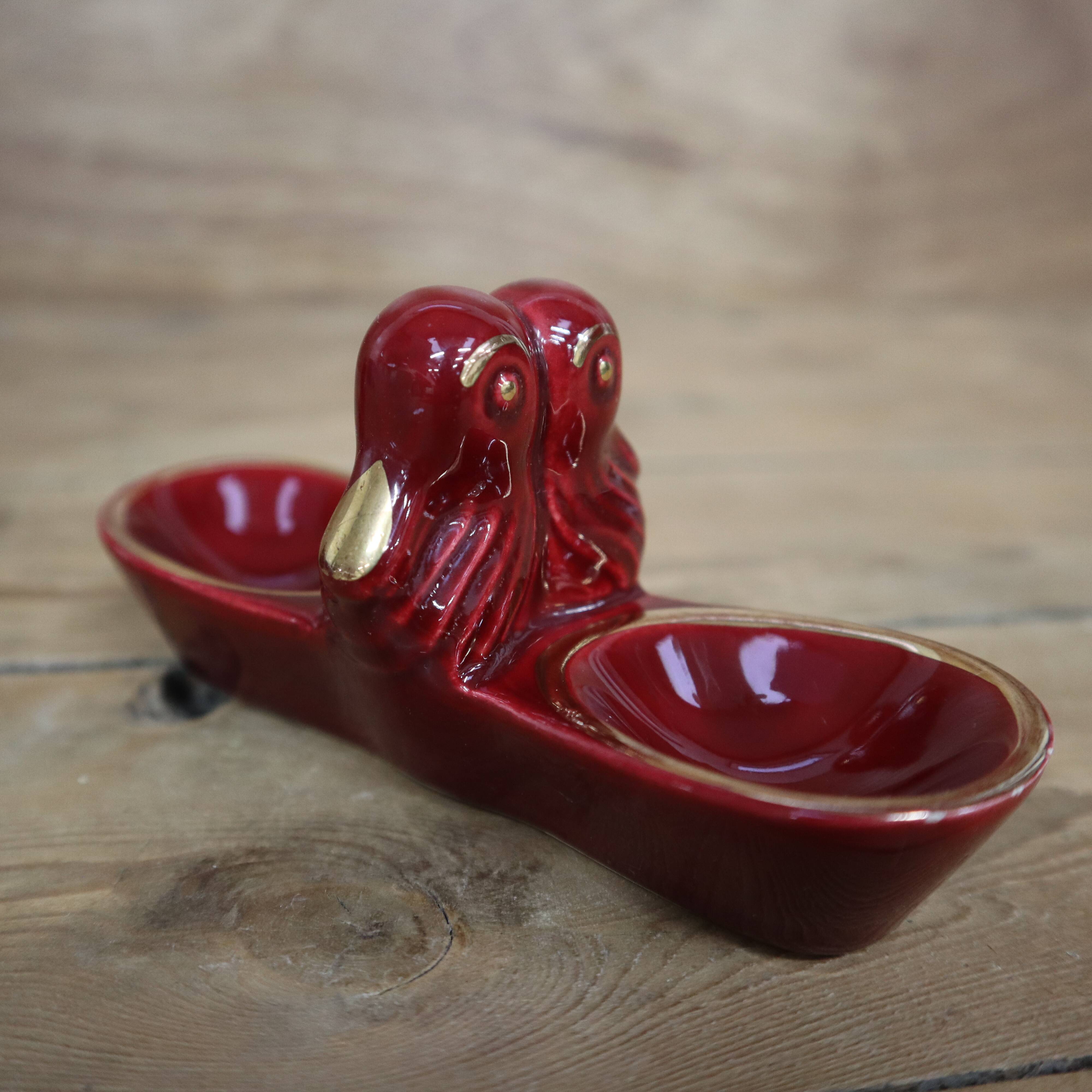2 Vintage salt cellars in burgundy glazed ceramic slip with gold edging