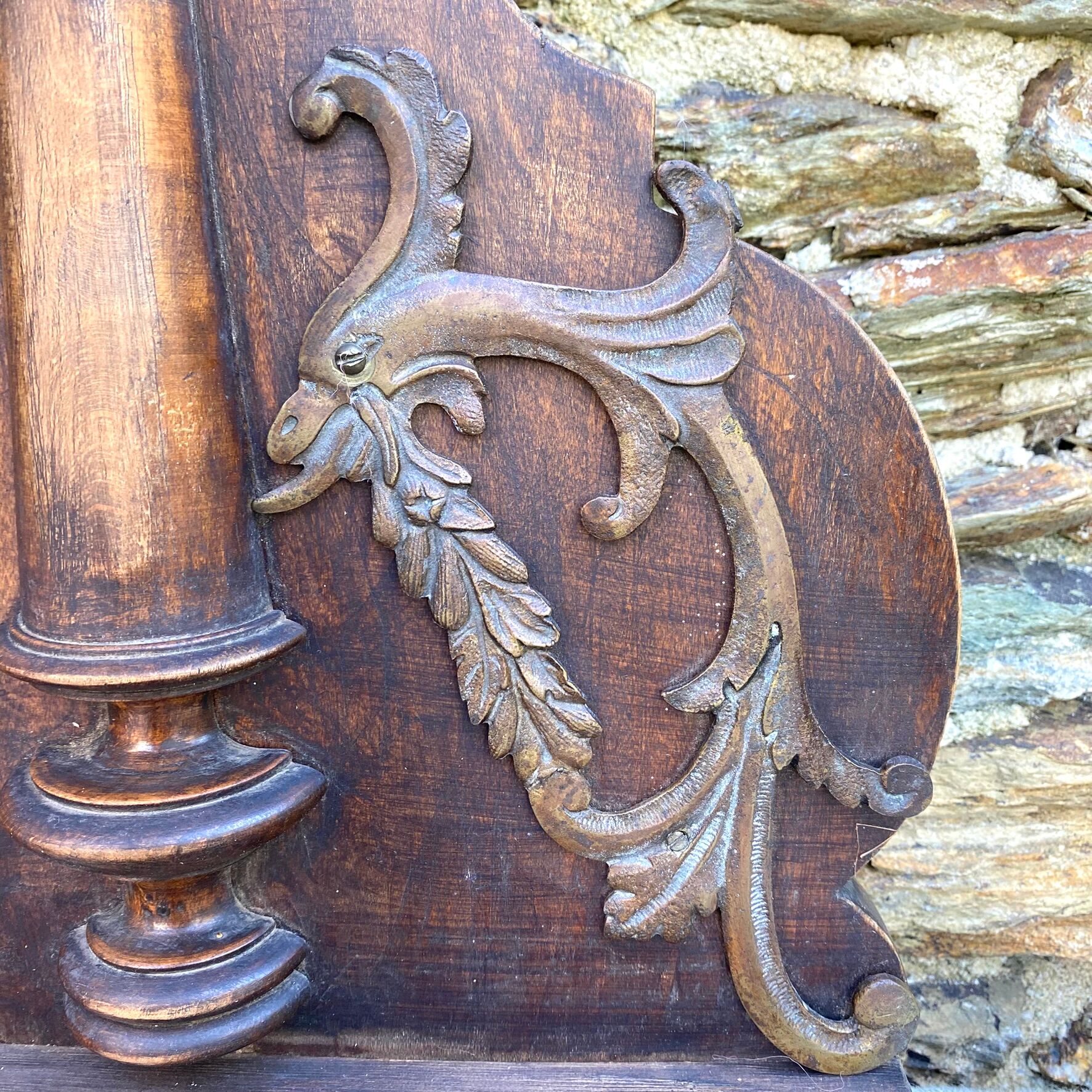 Large wall shelf with 2 wooden and brass shelves.