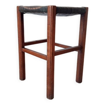 Antique English stool in wood and leather