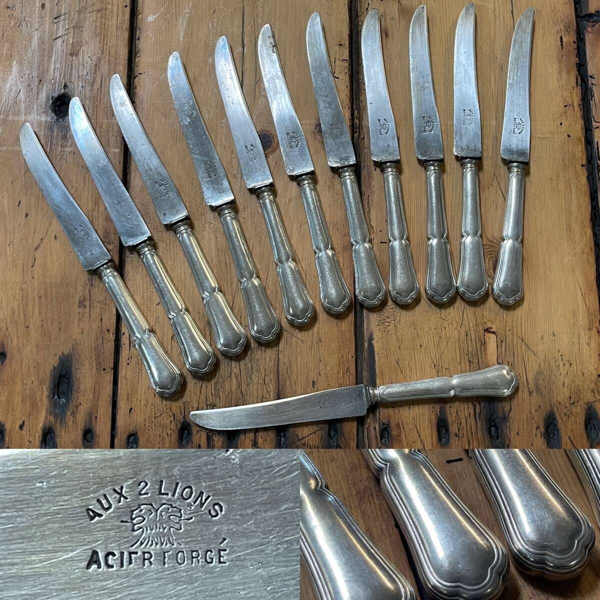 Set of 12 silver-plated metal knives with steel blades from the early 20th century