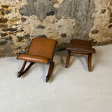 Set of 2 wooden and studded leather footrests