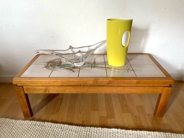 Table basse de salon vintage orme et ceramique