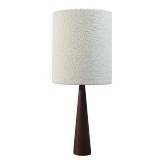 Vintage turned teak table lamp with a boucle lampshade