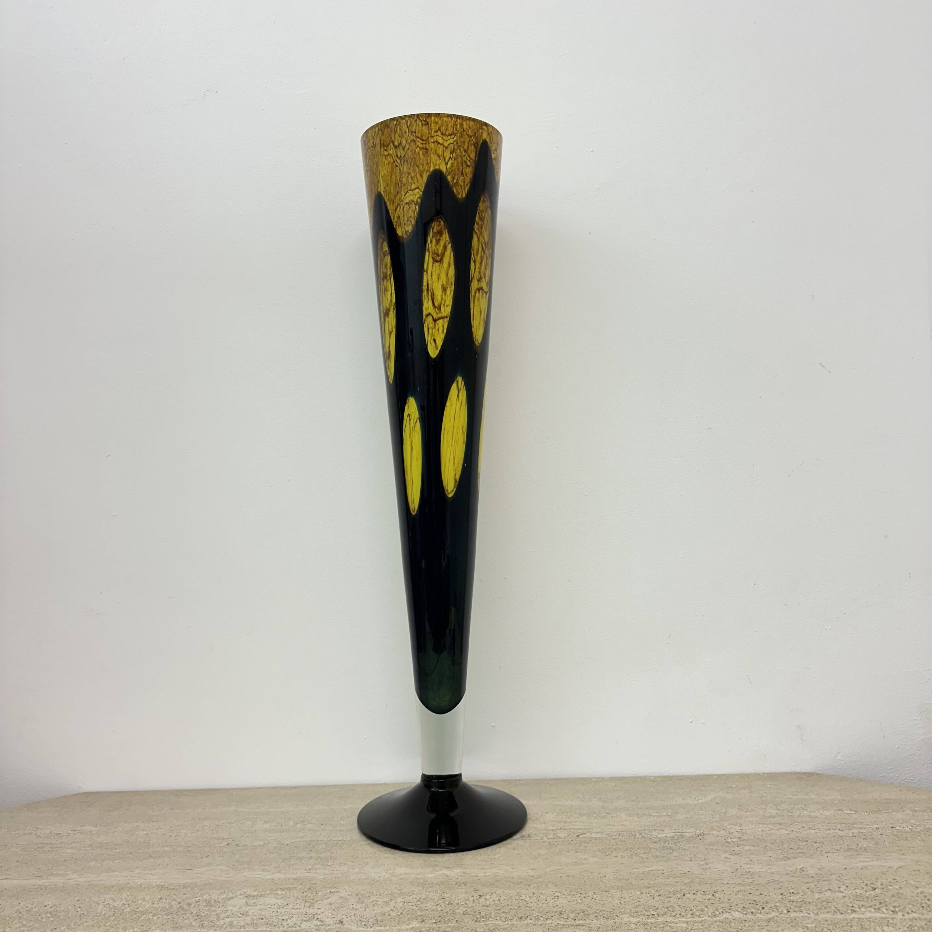 Large glass vase yellow and black , 1970s