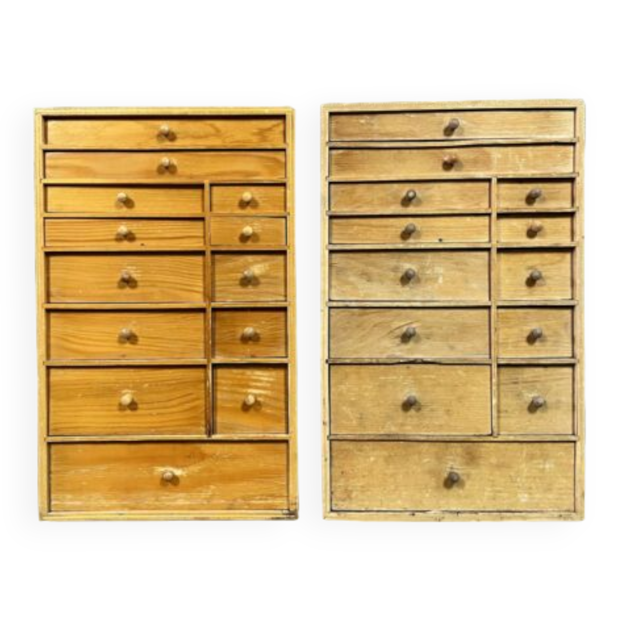 Pair of watchmaker's layettes in natural wood circa 1880-1900